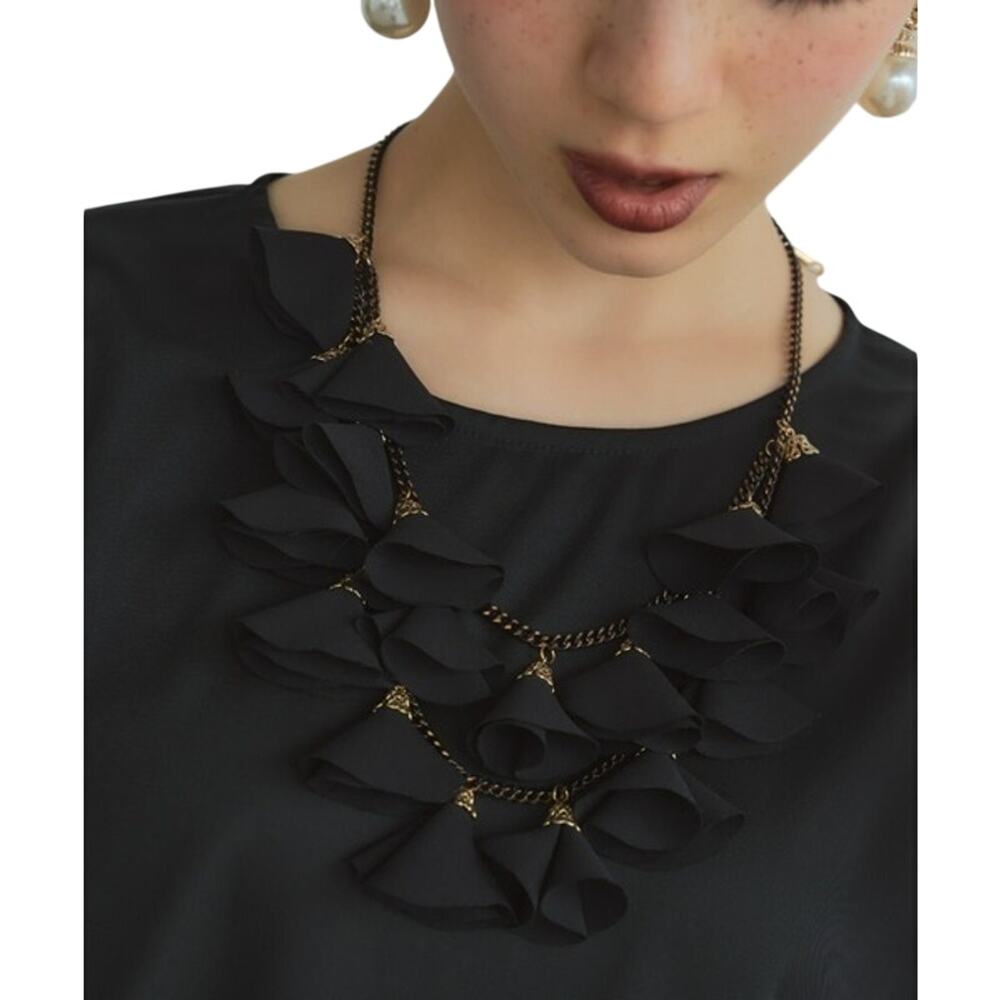 Natasha Black Fabric Petal Fan Ruffle Gold Tone Chain Statement Necklace A6-8